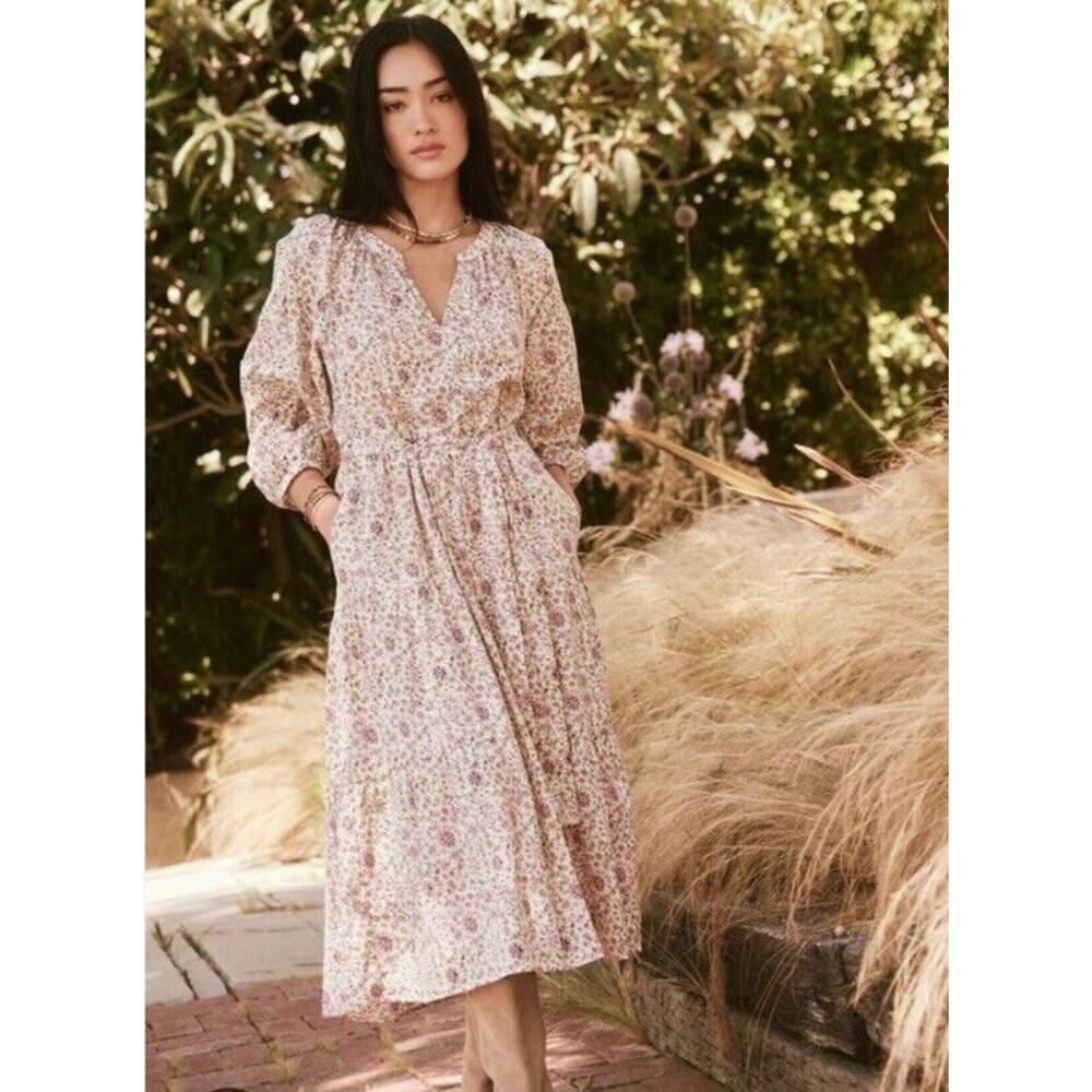 XIRENA Women's Anneika Midi Dress Size L in Ivy Vines Belted Long Sleeves